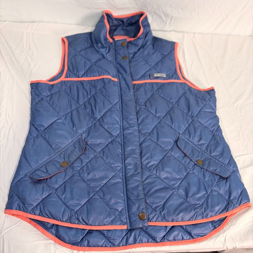 Columbia PFG Harborside Diamond Quilted Vest Blue Orange Trim XL